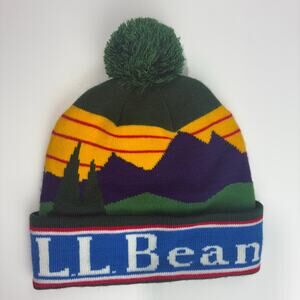 L.L. Bean Knit Katahdin Pom Beanie Scenic Mountain Graphic Winter Hat
